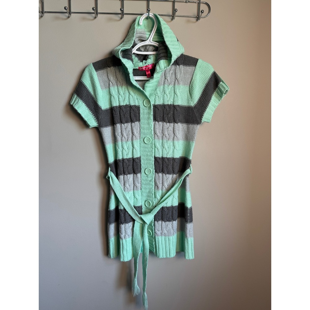 Cherry Stix Short Sleeve Hooded Cardigan Sweater Striped Cable Knit L 14/16